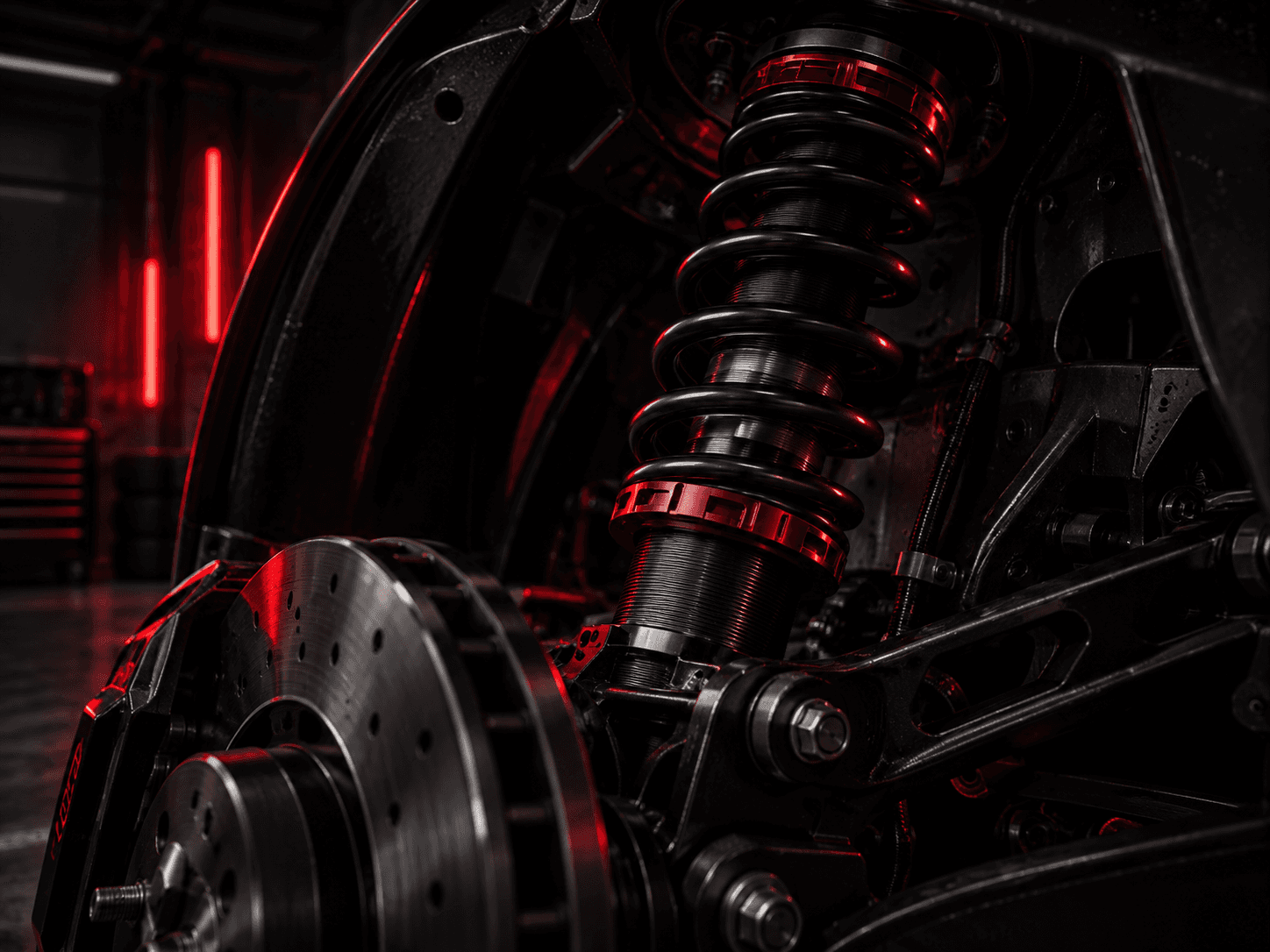 Coilover suspension detail under red lighting