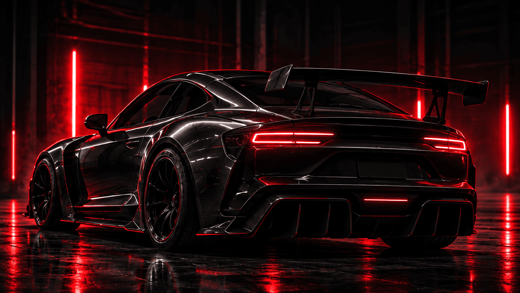 Black sports car in a garage with red lighting