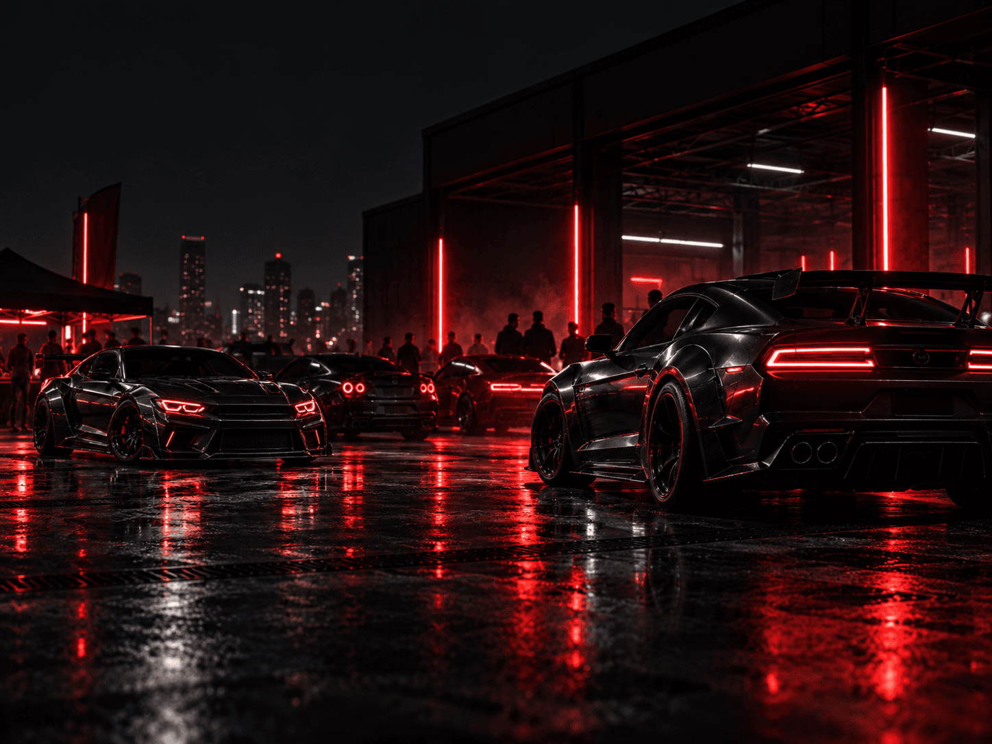 Night car meet under red lighting